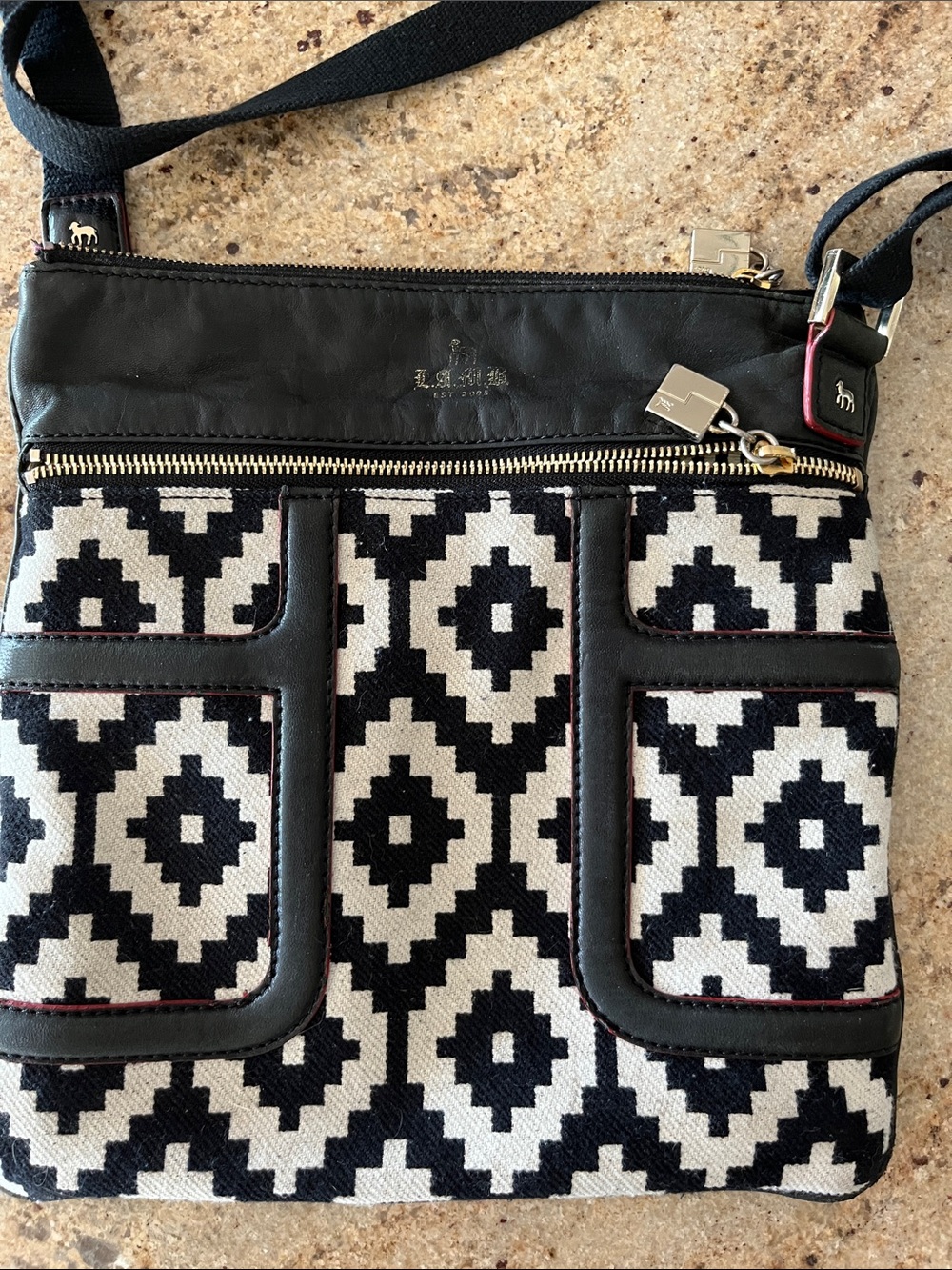 L.A.M.B. Black & Cream Geometric Crossbody Bag with Gold Hardware